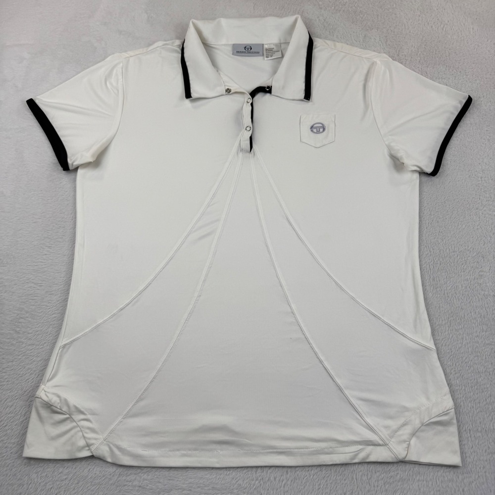 Sergio Tacchini Polo Shirt Womens XL White Black Trim Snap Button Sporty Logo